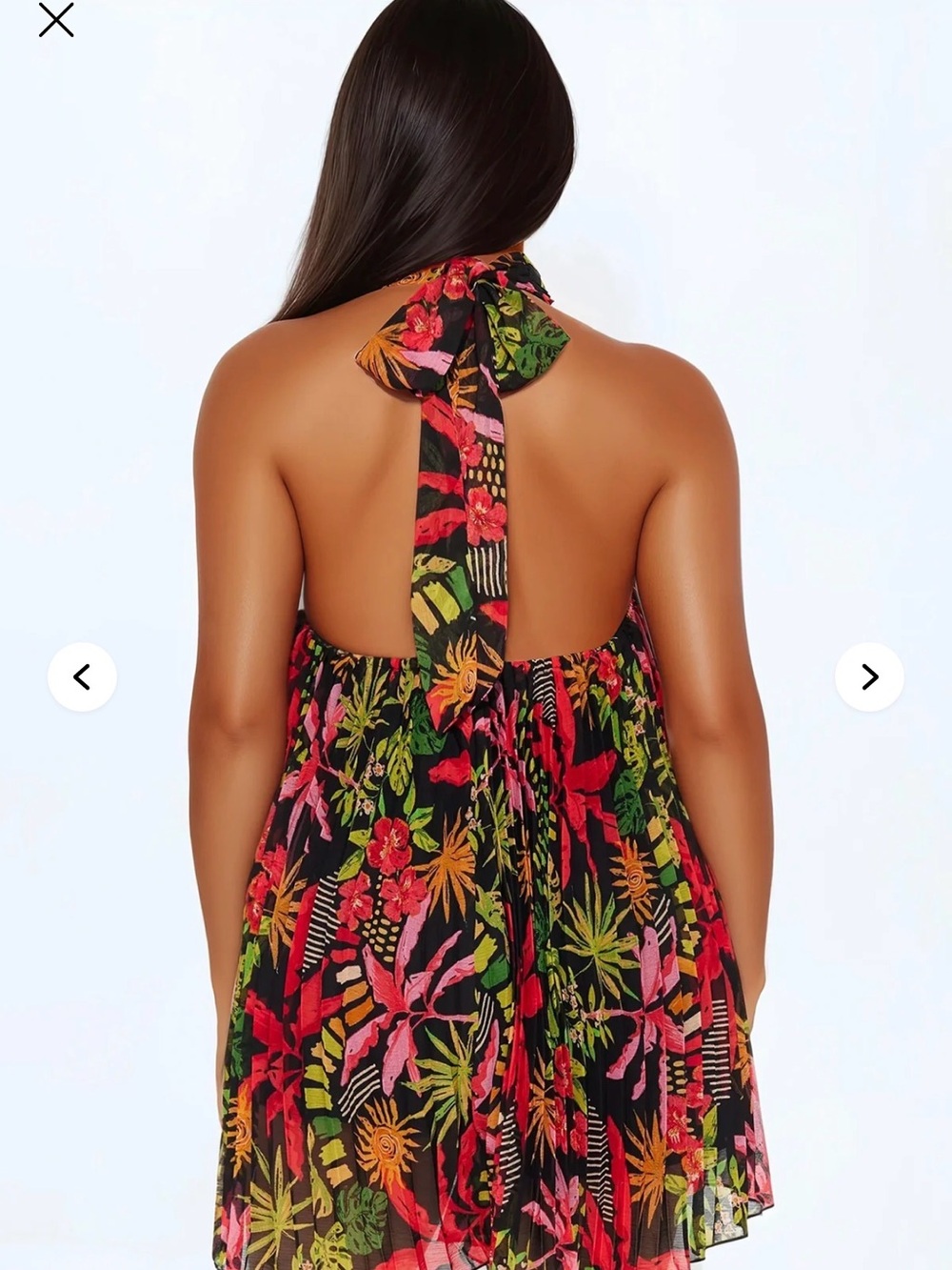 Tropical Halter Mini Dress - Black with Bright Floral Print